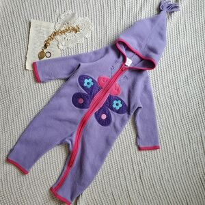 Hanna Andersson purple fleece hooded bunting with a butterfly applique
